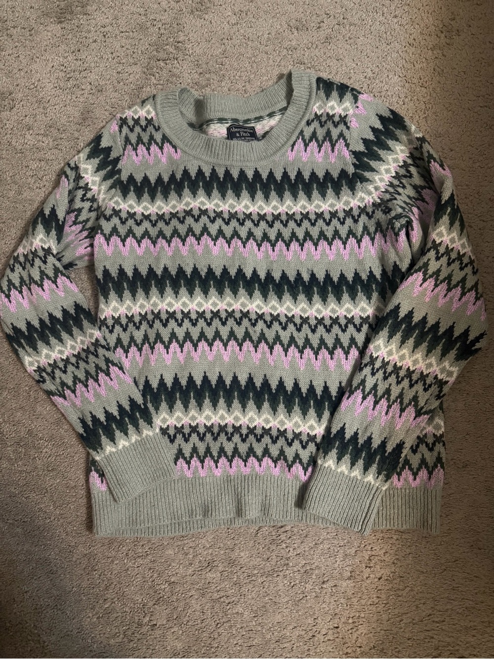 Abercrombie & Fitch Gray Crewneck Sweater with Pink & Black Fair Isle